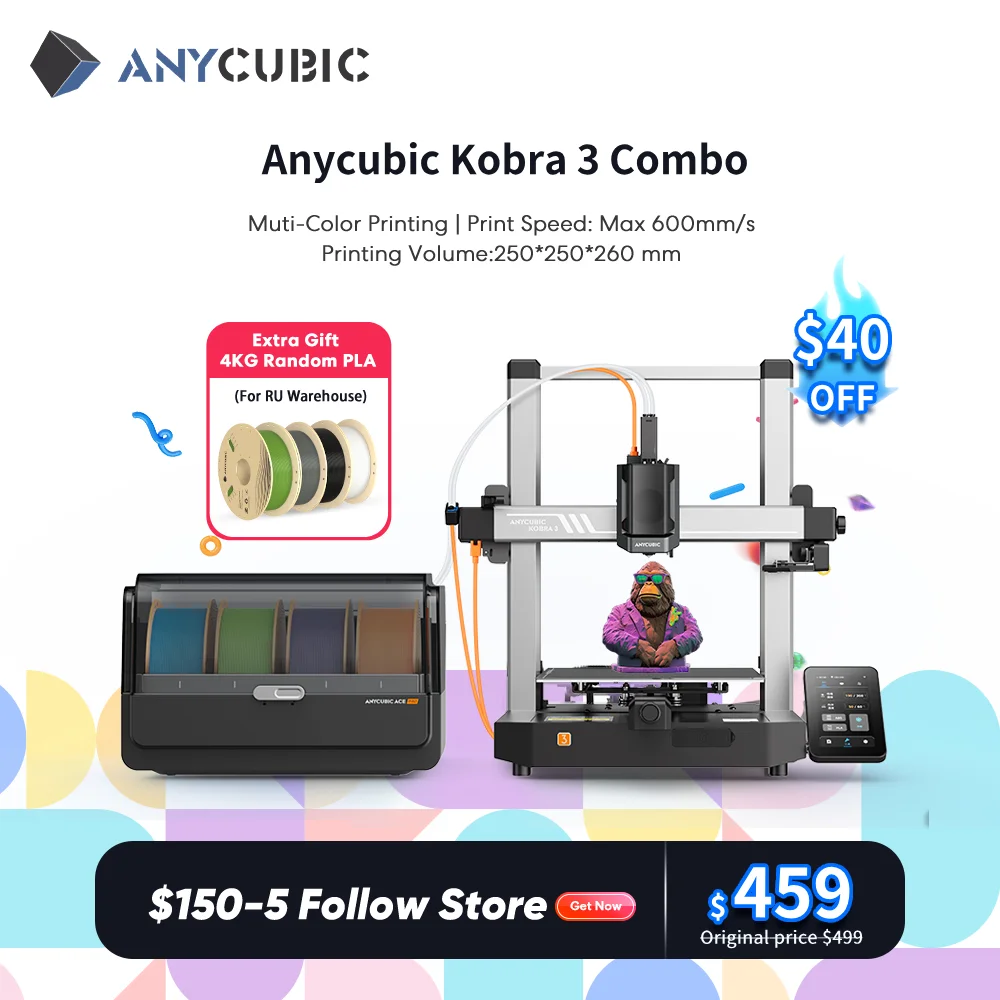 

ANYCUBIC Kobra 3 Combo FDM Multi-Color 3D Printer Print in 4 to 8 Color With Max 600mm/s Printing Speed Build Size 250x250x260mm