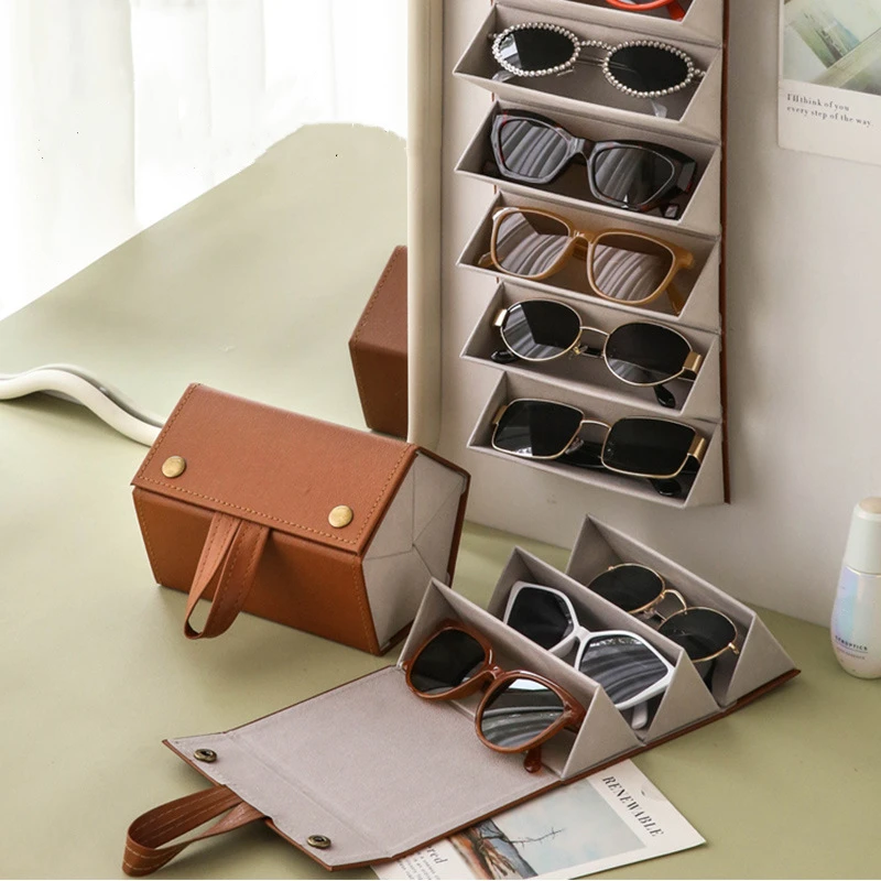 

Portable Glasses Organizer 3/5Grids Multi-slot Eyeglasses Storage Display Travel Folding Sunglasses PU Leather Case Home Storage