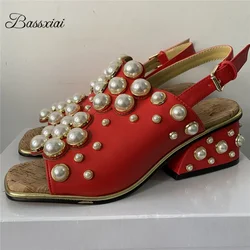 Luxury Beads Pearl Embellishment Sandals Women Genuine Leather Unique Fretwork Heel Party Shoes Summer