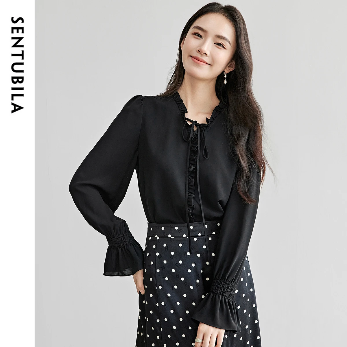 

SENTUBILA V Neck Ruffles Black Blouses Women 2025 Spring Commute Flare Sleeve Lace-Up Elegant Luxury Women's Blouse 151V57909