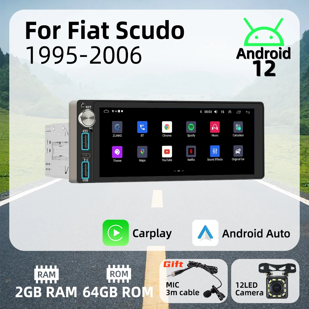 

Wireless Carplay Autoradio 6.86" 1Din Radio Android Car Multimedia for Fiat Scudo 1995-2006 Stereo Head Unit GPS Navigation BT