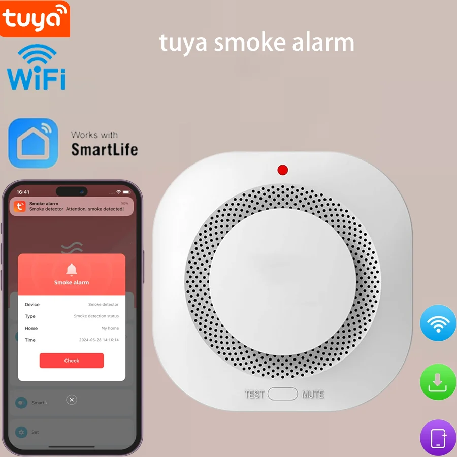 1pack Tuya WiFi Smoke Alarm Fire Protection Smoke Detector Smoke House Combination Fire Alarm Home Security System Firefighters，