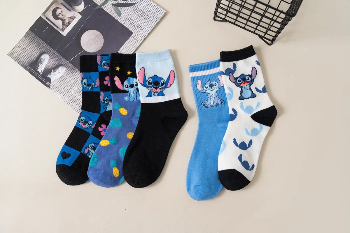 Disney-Calcetines de algodón Lilo & Stitch para niños, medias con estampado de figuras de Anime de dibujos animados, transpirables, medias medianas, cálidos, regalos de invierno