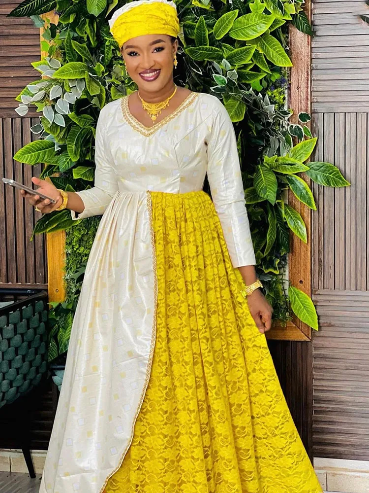 Elegant Slim Fit Bazin Patchwork Cotton Lace Maxi Dress for Parties Shimmering Goddess Look Evening Wear