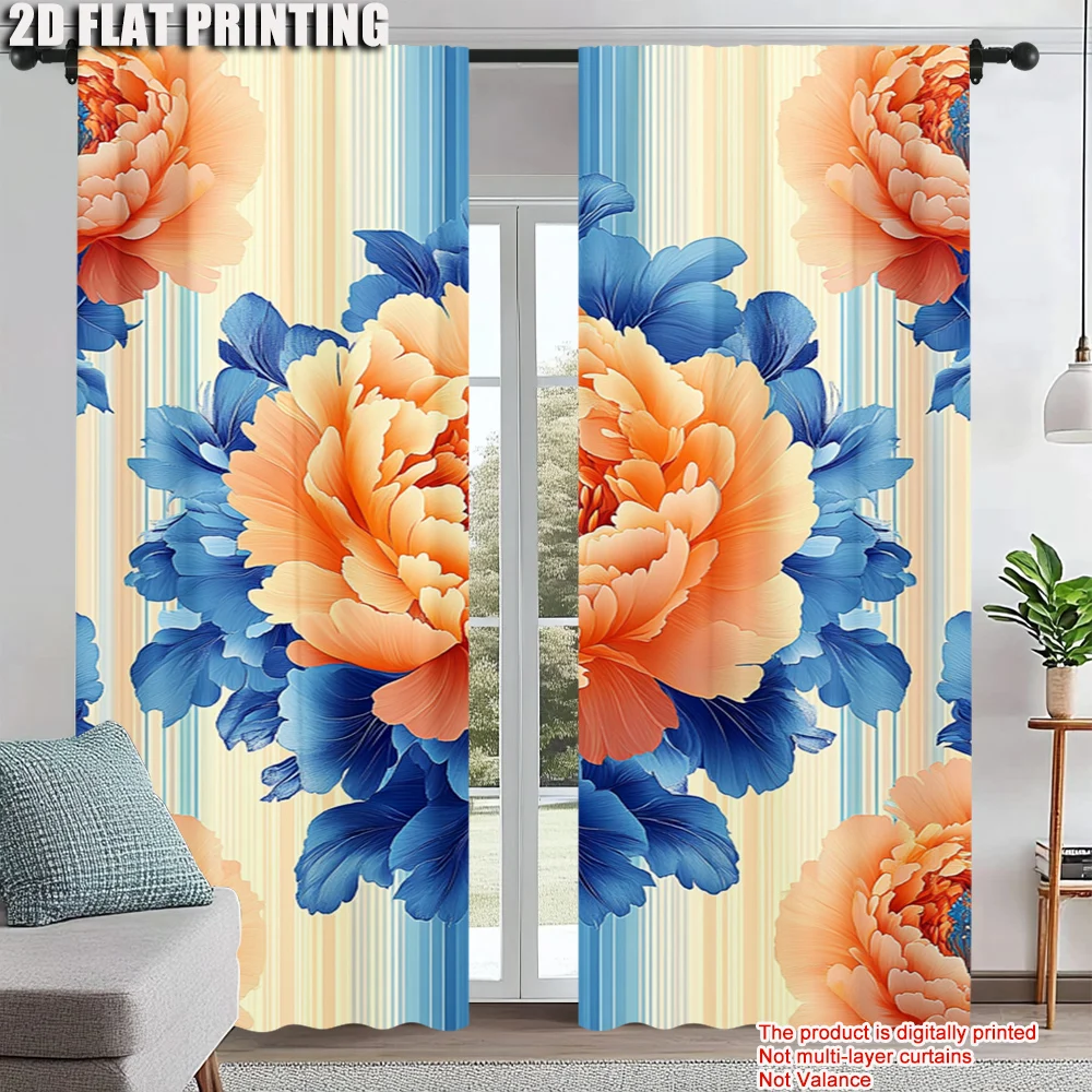 

2Pcs Elegant Orange Blue Floral Curtains Rod Hole Design For Living Room Bedroom Decor Machine Washable Sun Privacy