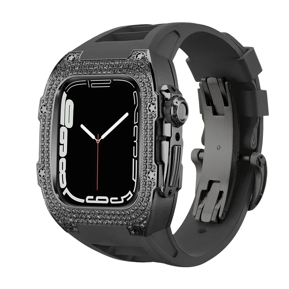 Caixa de aço inoxidável para apple watch mod kit 44/45mm luxo diamante incrustado acessórios tendência da moda aplicar à série 9/8/7/6/5/4