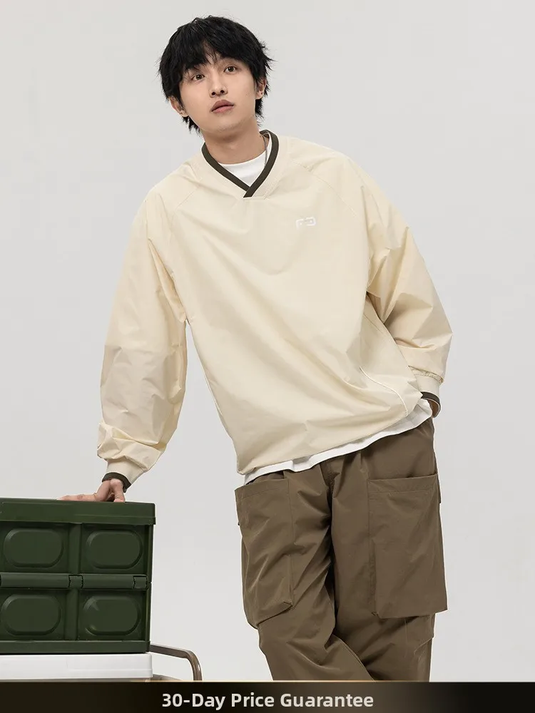 

Spring New American Retro Color Blo V-ne Overhead Men's Sports Jaet oulder Insertion Casual Loose Fit Polyester