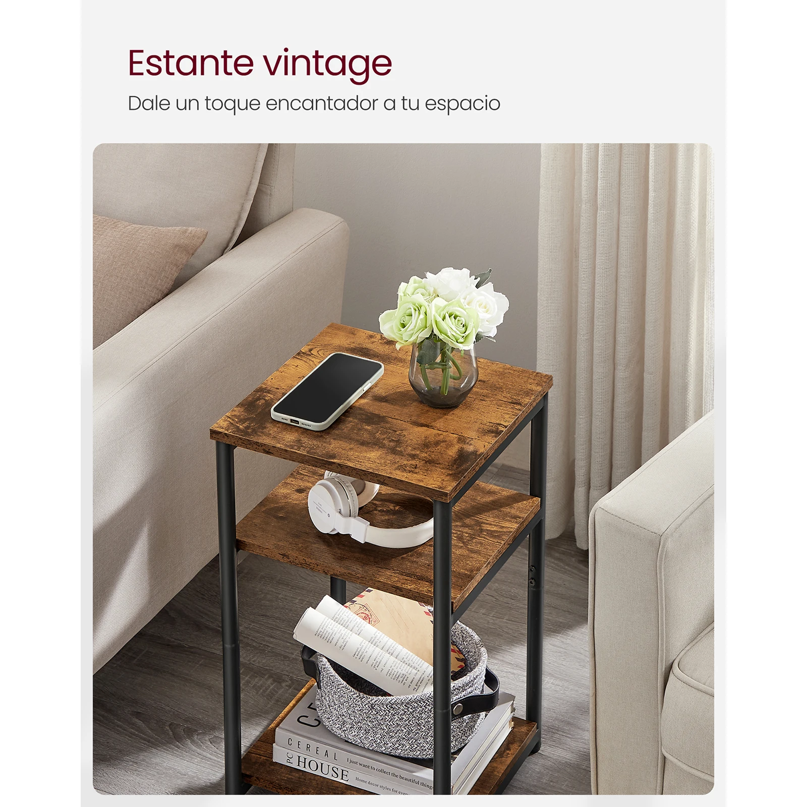 طاولة جانبية لأريكة VASAGLE بإطار فولاذية ، طاولة جانبية ، طراز صناعي 3 طبقات لغرفة المعيشة وغرفة النوم أسود كلاسيكي بني ريفي #5