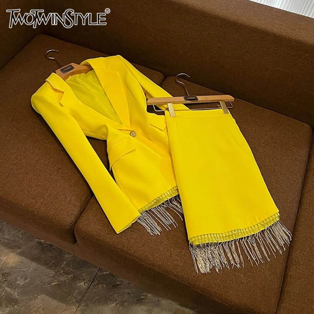 

TWOTWINSTYLE Casual Solid Two Piece Sets For Women Lapel Long Sleeve Top High Waist Short Skirt Chic Set Female New KSE8A0771