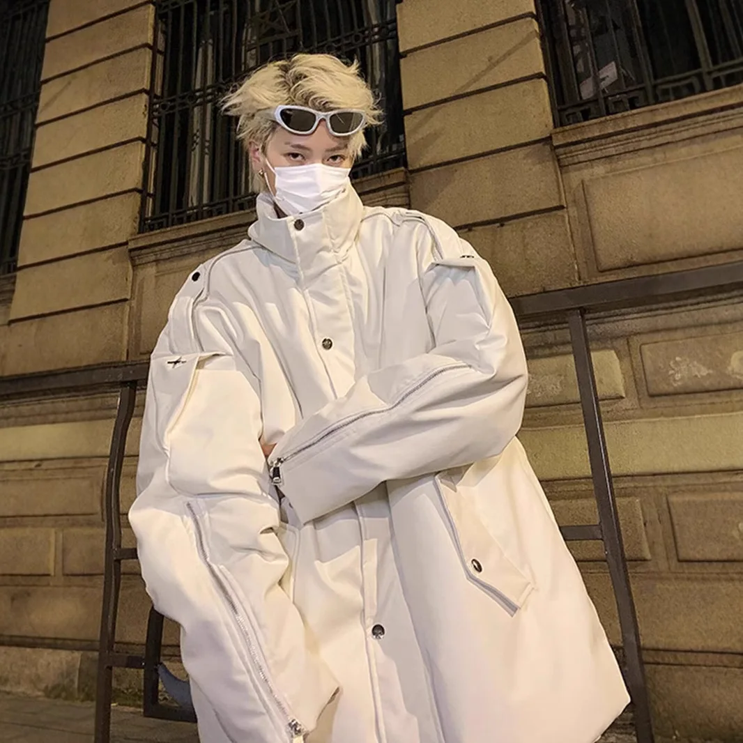 

2025 зимняя мужская куртка, американская уличная одежда, однотонное мужское пуховое пальто с воротником-стойкой и длинным рукавом, мужская верхняя одежда на молнии большого размера