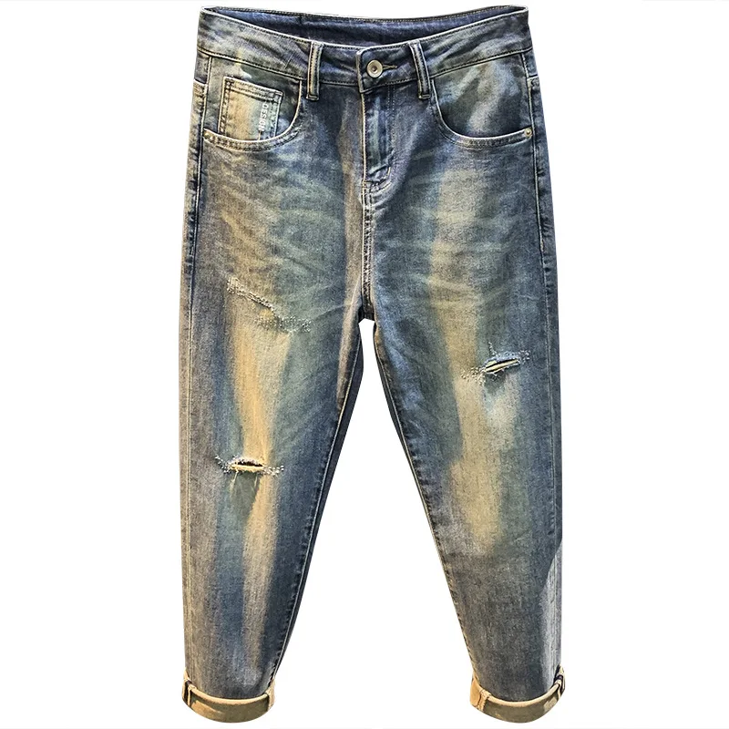 2024 Jeans strappati sottili estivi da uomo alla moda leggermente allentati dimagranti Skinny Cut-off Stretch Ruffle bei pantaloni