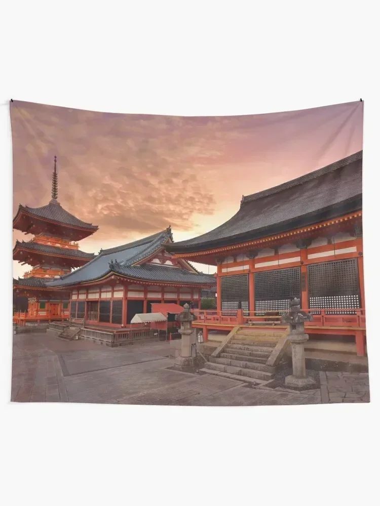 Sanjunoto pagoda Kaisan-do and Kyo-do hall at Kiyomizu-dera Buddhist temple Kyoto in dramatic red sunrise art photo pri Tapestry