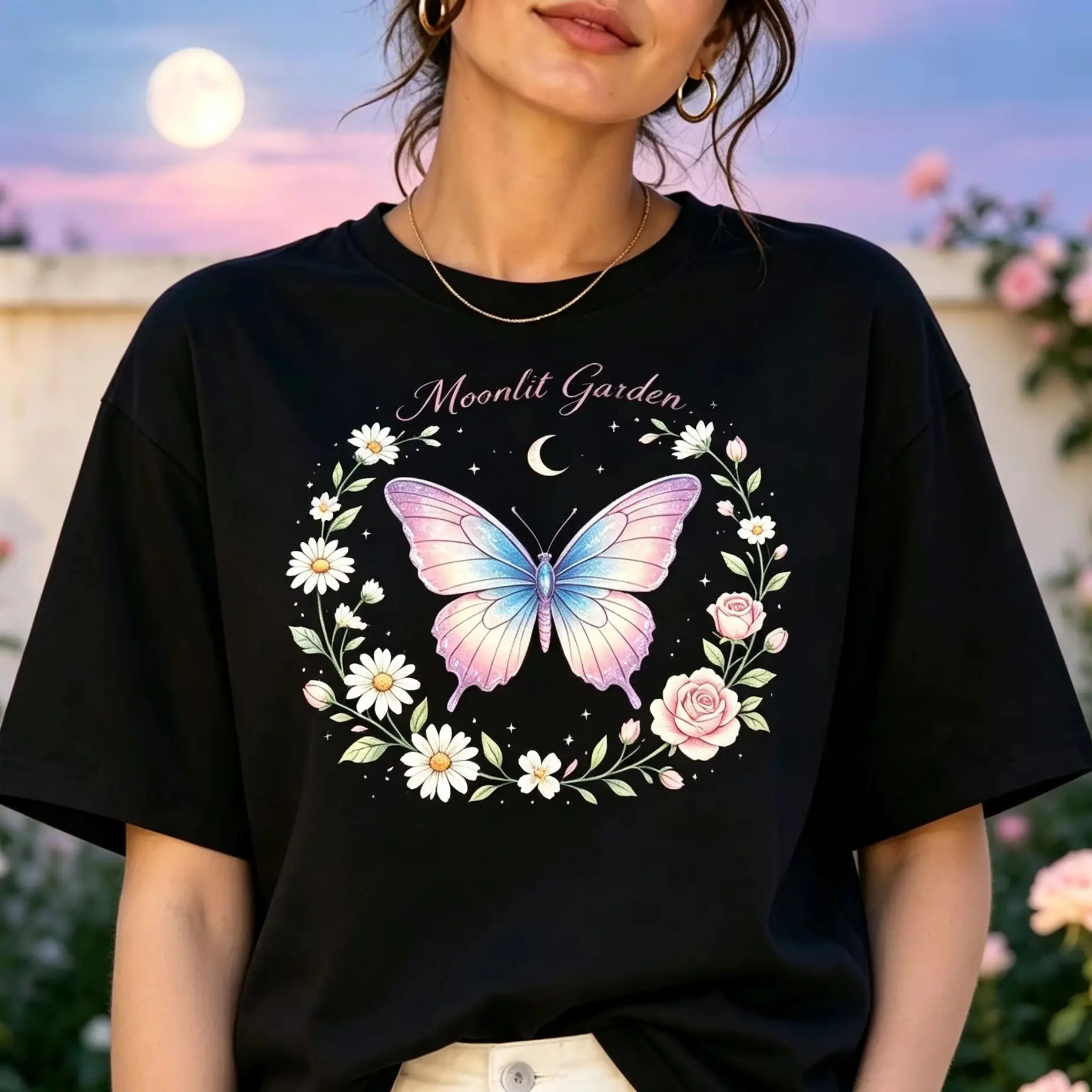 Women's Moonlit Garden Butterfly Floral Graphic T-Shirt, Pastel Moth Daisy Rose Moon Wreath Art Casual Short Sleeve Tee