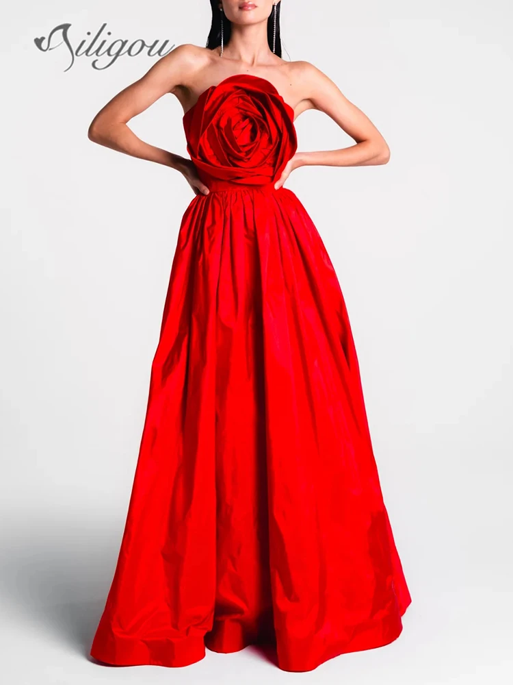 

Ailigou 2024 New Women's Red Luxury Strapless 3D Rose A Long Wedding Bridesmaid Dress Elegant Celebrity Party Evening Dress