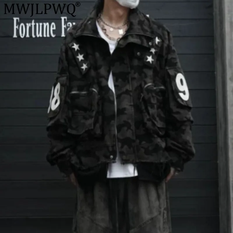 MWJLPWQ American Camouflage Frayed Work Jacket Male Distressed Stand-Up Collar Denim Street Functional Faux Two-Piece Tops 20642