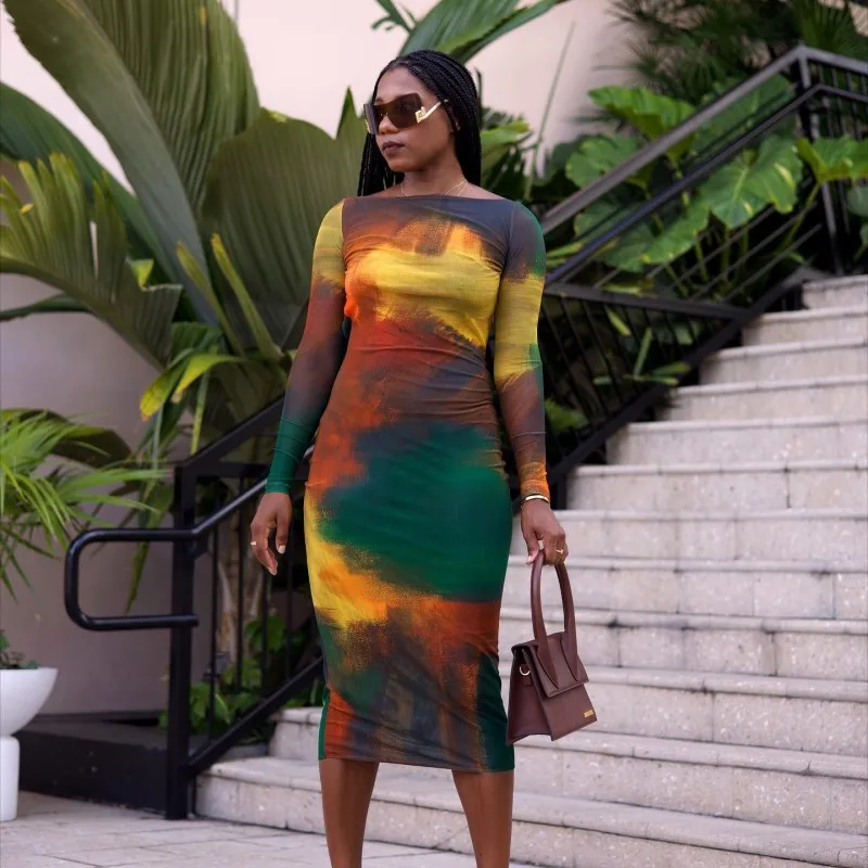 Oshfall Women Sexy Round Neck Color Tie-dye Long Sleeved Dresses Summer Fashion Elegant Backless Dresses Party Club Clothing