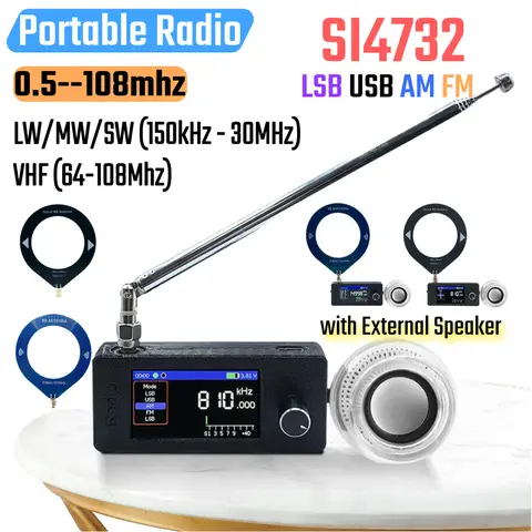 SI4732 Mini Radio 0.5-108mhz LSB USB AM FM All Band Radio Receiver 1.9inch IPS Screen HF SW MW VHF Radio with External Speaker