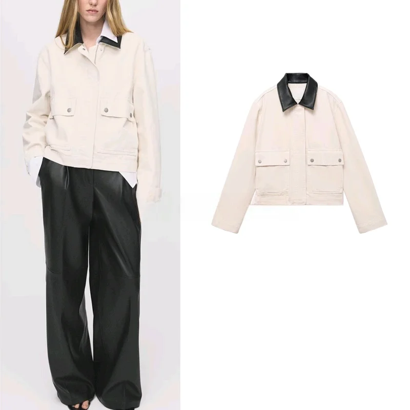 겨울 신상 여성용 롱 슬리브 칼라 패치워크 데님 워크웨어 재킷 또는 아우터웨어 폴리에스터 섬유 여성 코트