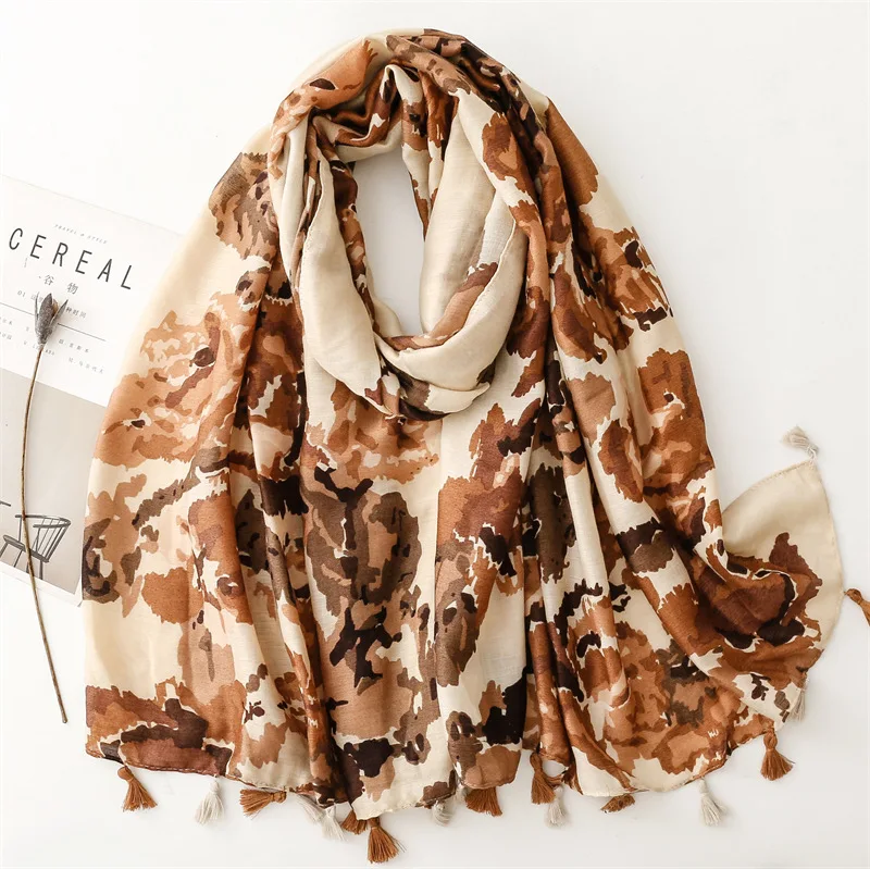 Autumn luxury scarf for women vintage long wash painting printed hijab shawl handkerchief head man winter accessories