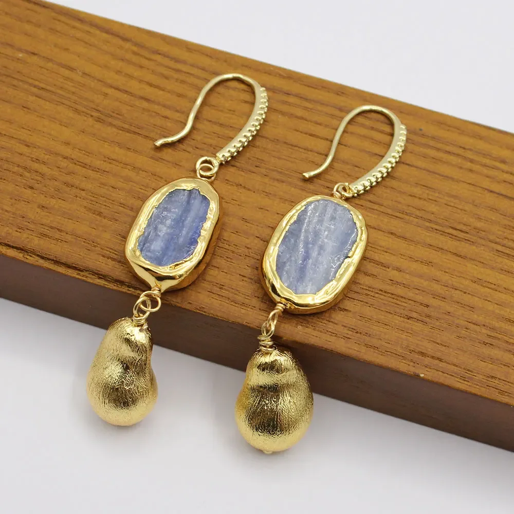 Natural Blue Kyanites Real Stone Gold Color Plated Egg Brushed Beads Dangle CZ Pave Hook Earrings For Women