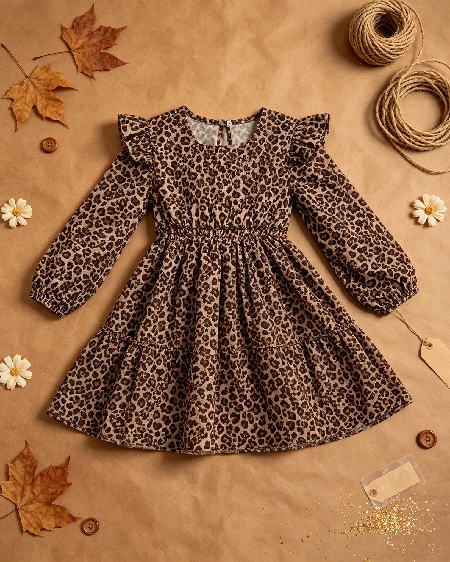 Elegante vestido de manga comprida com estampa de leopardo para todas as estações, com babados nas bordas, para meninas, em tecido de malha fina com detalhes de babados.