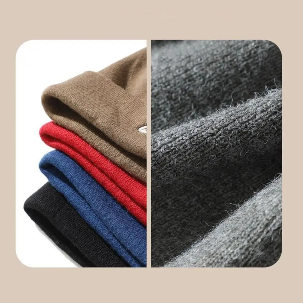 Casual Solid Color Knitted Beanie Hat Thickened Windproof Cuffed Skull Cap Winter Warm Elastic Cycling Skiing Hat