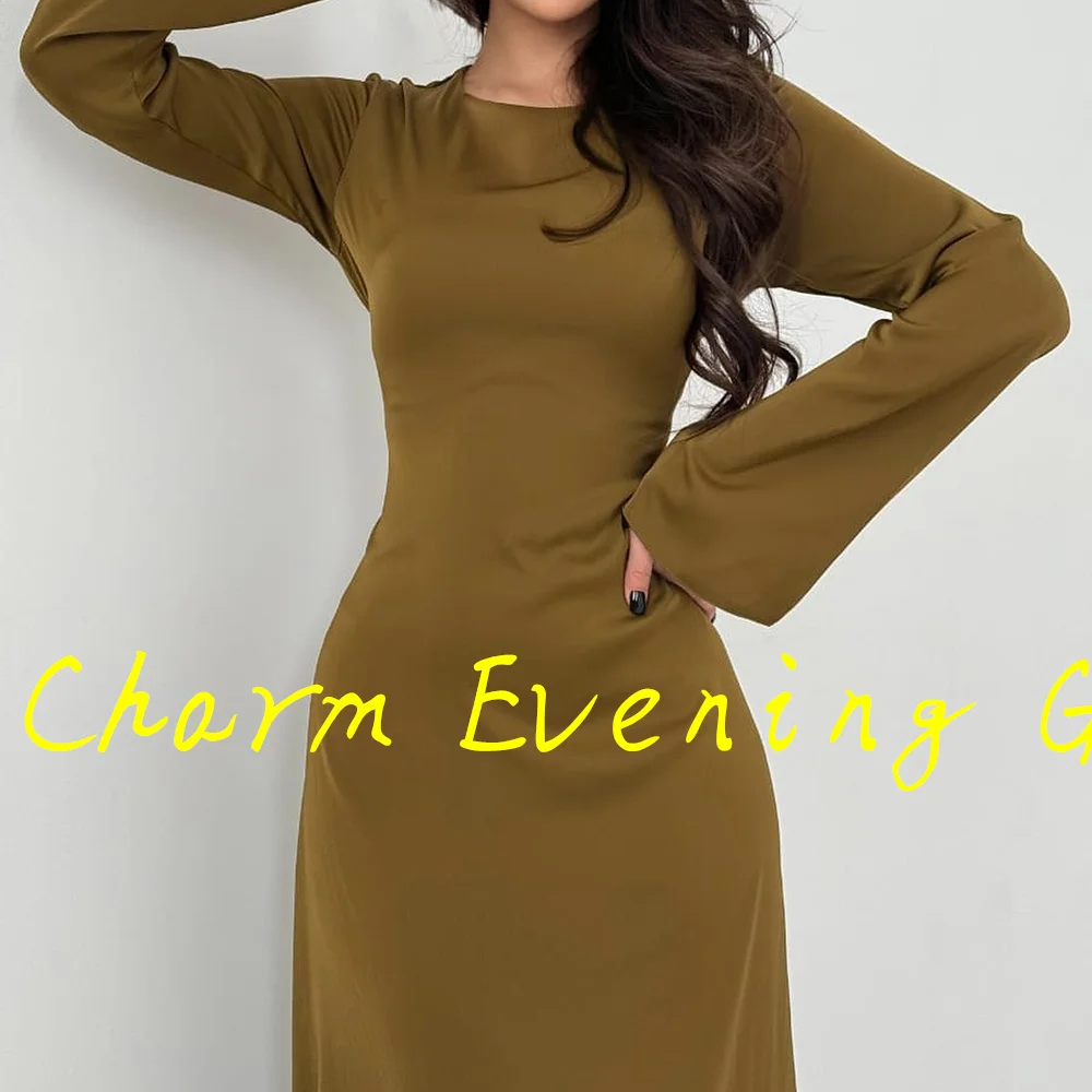 Ankle Length A-Line Crew neck Jersey Long Sleeves Evening Dress Special Occasion Gowns Photo Color Pleats  Custom Size Elegant