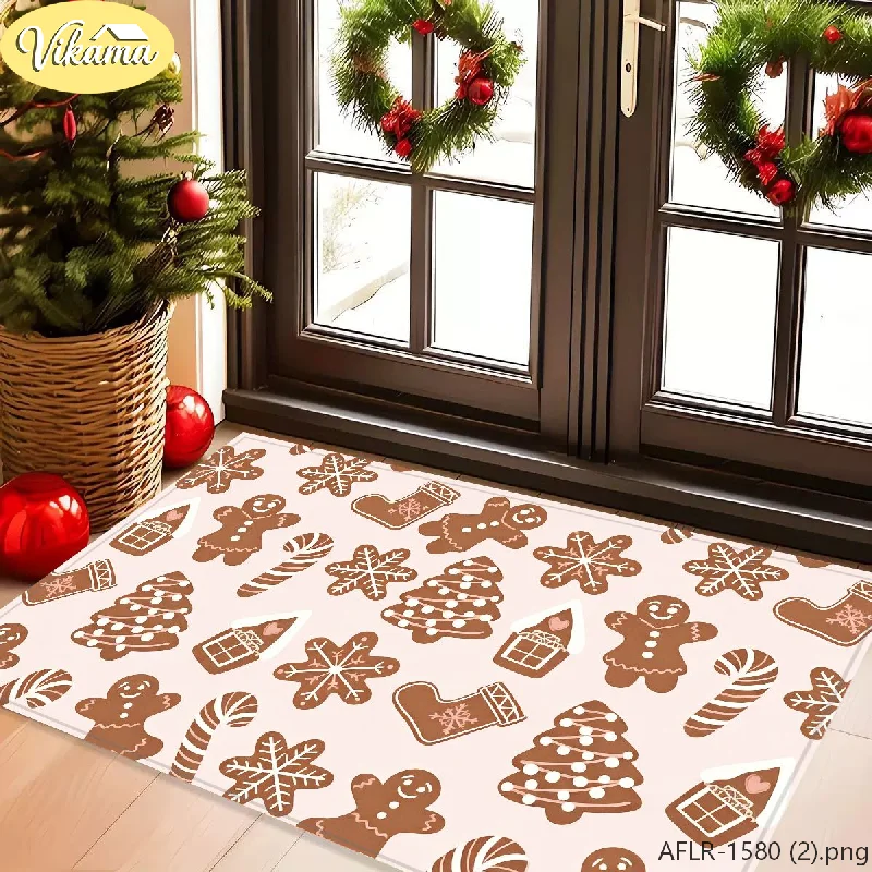 VIKAMA Gingerbread Man Christmas Door Mat, Full-Print Holiday Design Non-Slip Entry Rug, Festive Decorative Carpet for Home