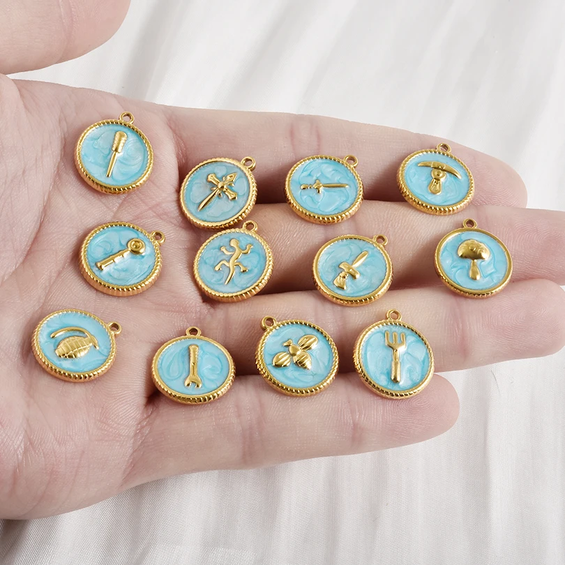 5pcs Round Enamel Blue Stainless Steel Pendant Grenade Cross Dagger Spanner Punk Pendant For Women Men DIY Jewelry Accessories