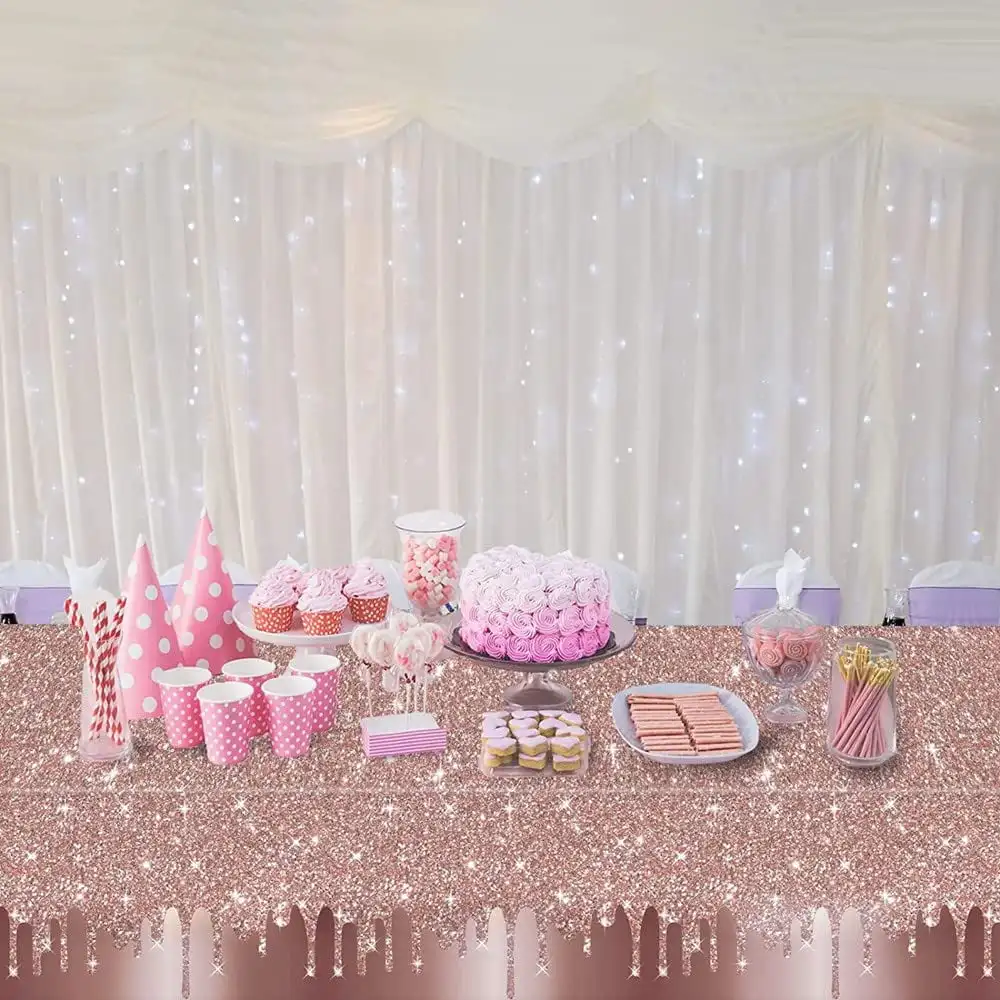 1Pc Rose Gold Birthday Party Tablecloths Sequin Glitter Printed Plastic Table Cover Birthday Background for Wedding Anniversary