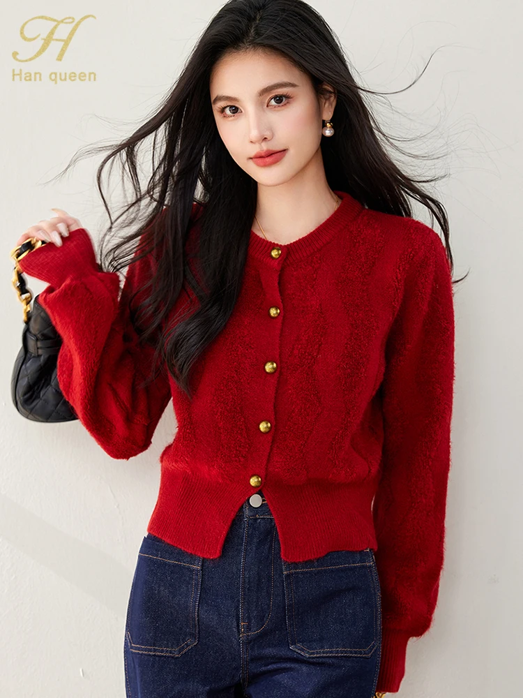 H Han Queen 2024 Autumn Winter Knitted Sweater Korean Vintage Red Jacket Cardigan Women Long Sleeve Female Clothing Fashion Tops