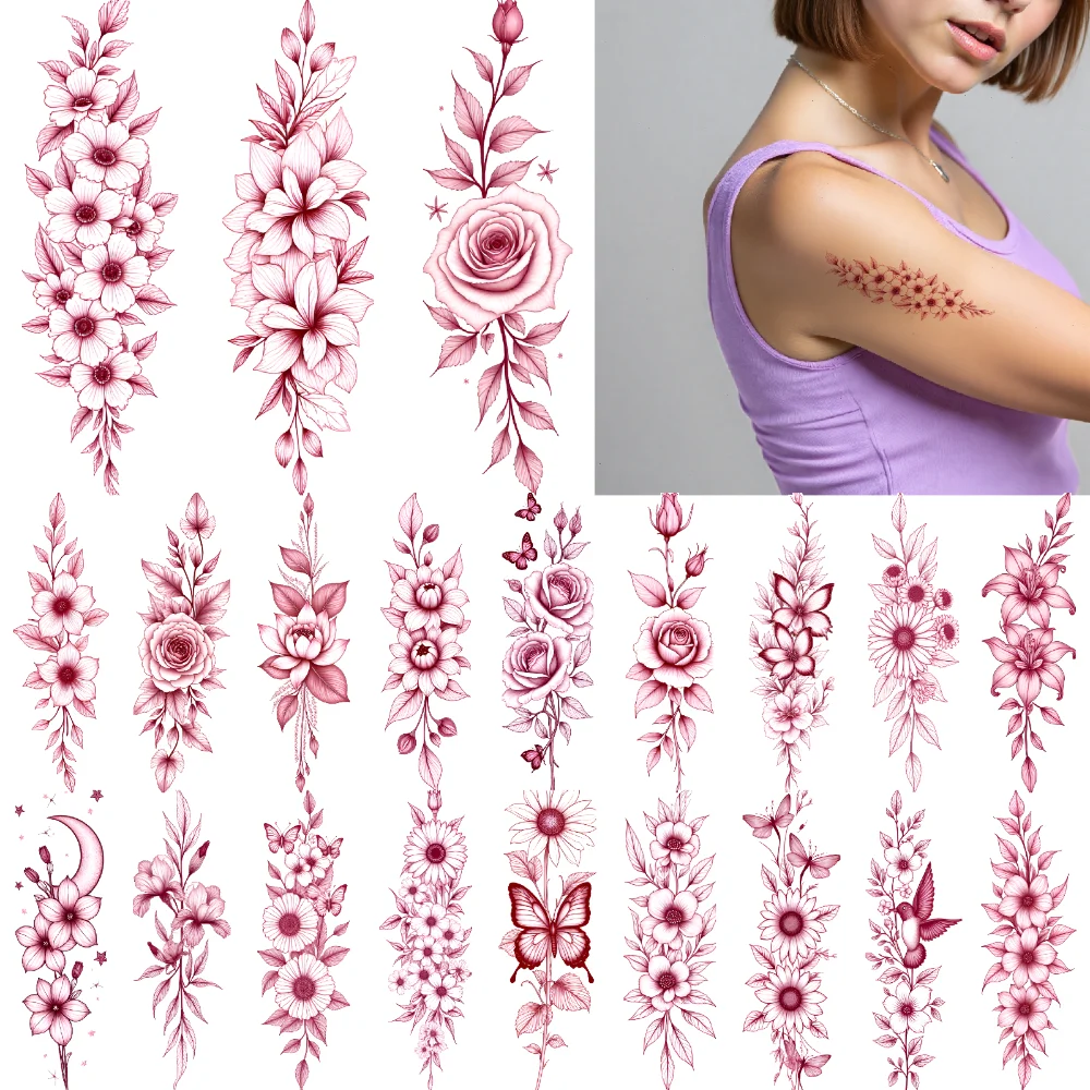 

12pcs Temporary Tattoo Floral Tattoos Temporary Tattoo Stickers Butterfly Tattoos Star Tattoos Red Line For Ladies Shoulders