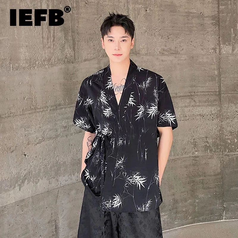 

IEFB Men's Shirt Short Sleeve Chinese Style Fashion Inky Bamboo Lace-up Cardigan Design V-neck Casual Male Top 2024 New 9C5709