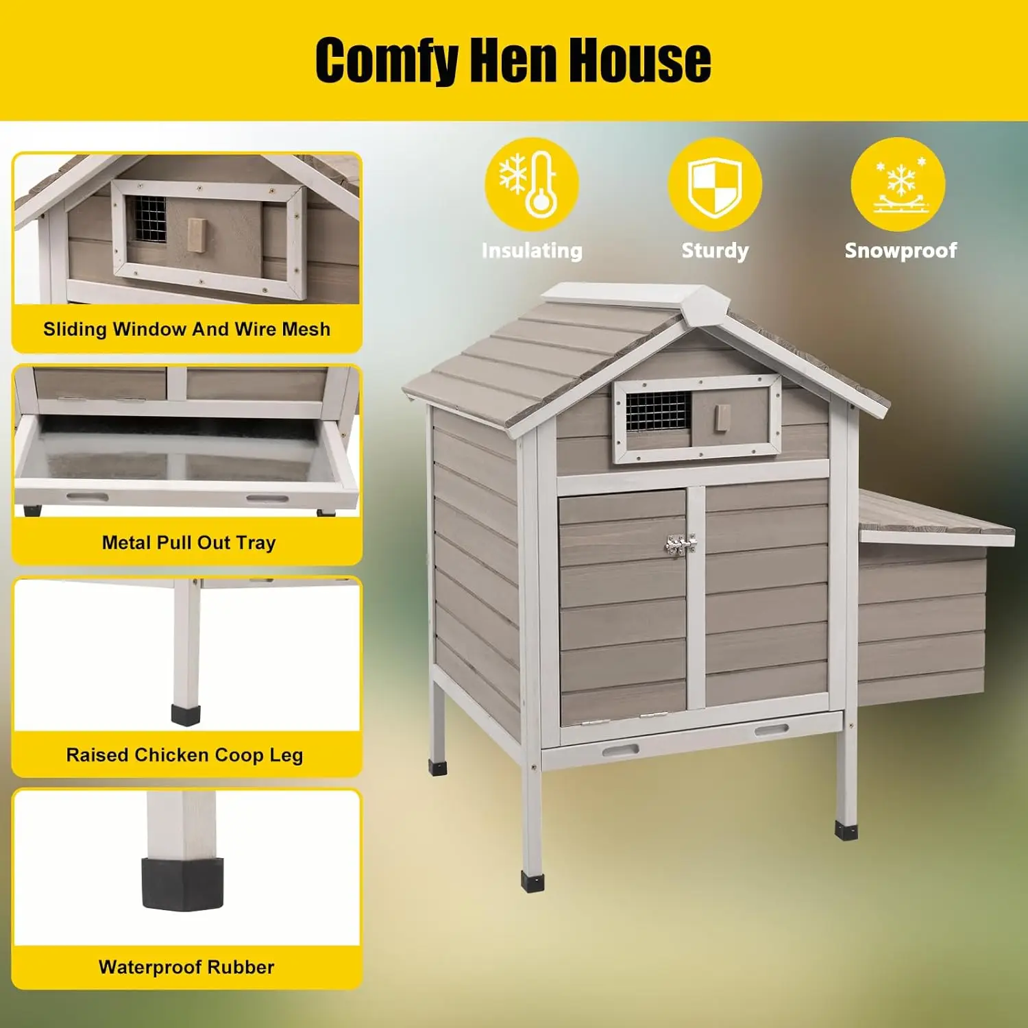 Petscosset Chicken Coop with Nesting Box, Hen House with Ramp Outdoor Poultry Cage with Pull Out Tray