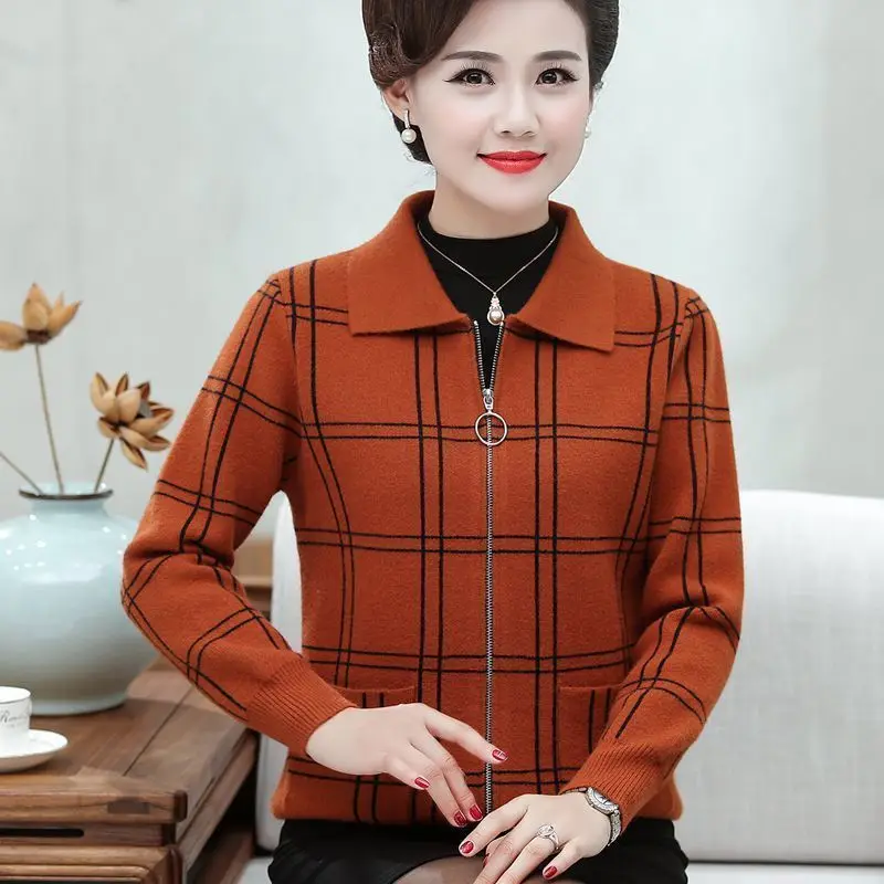 Autumn Winter Turn-down Collar Long Sleeve Fashion Sweater Women High Street Casual Loose Zipper Patchwork Cardigan Plaid Tops