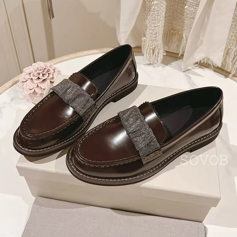 Spring Autumn Lacquer Leather Metal Beads Retro Lazy Loafers Ladies Shallow Mouth Sweet Mary Jane Shoes Leisure Walking Shoes