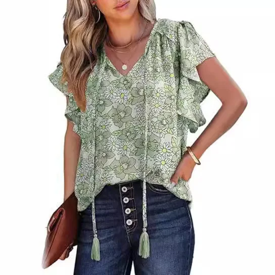 

Women's Summer Floral Short Sleeve V-Neck Casual Loose Blouse