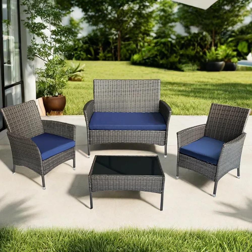 4 Pieces Outdoor Rattan Patio Furniture Set,Balcony Furniture Set Includes Sofa, Loveseat, and Glass Top Table (Brown-Deep Blue)