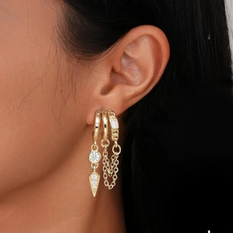 HAXIYA 14K Gold Plated Hoop Earrings for Women Triple Huggie Illusion Stud Earring Double Huggie Hoop Earrings for One Hole Cla - view 2