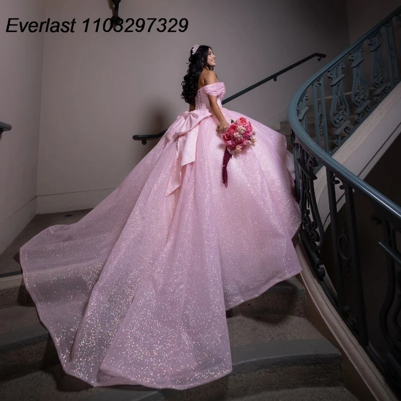 EVLAST Mexican Glitter Pink Quinceanera Dress Ball Gown Lace Applique perline con fiocco Sweet 16 Vestidos De XV 15 Anos TQD727