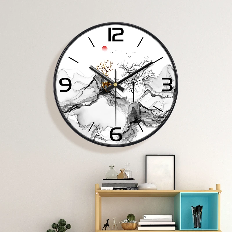 

Elegant Ink Wash Wall Clock Silent Quartz Clock with Mountain Deer Art Modern Decorative Timepiece for Home Living Room Kitchen