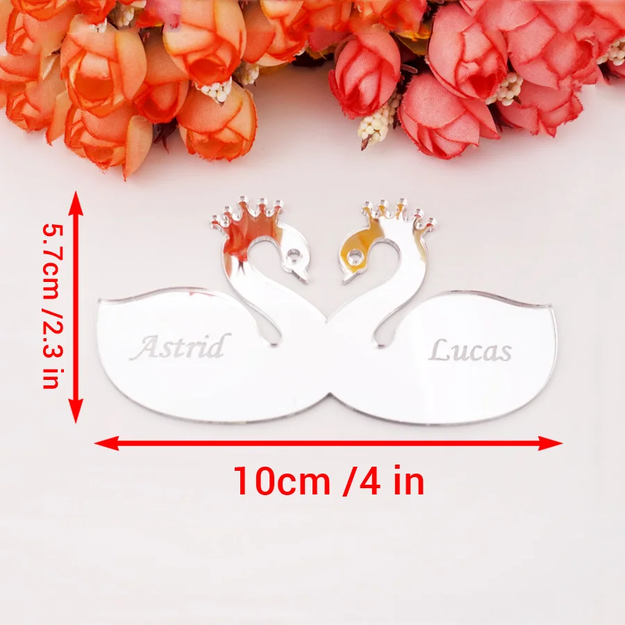 2 stili personalizzati in acrilico a specchio con design romantico a forma di cigno, etichette regalo con nome personalizzato per la decorazione del battesimo della carta del posto del posto