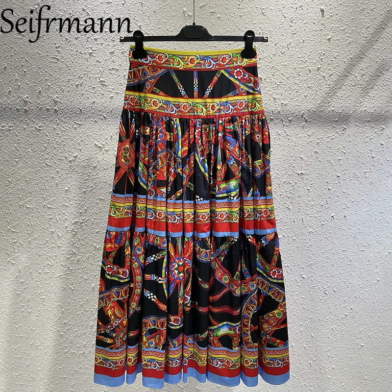 Seifrmann Casual printed cotton skirt high waist holiday long skirt 2026 summer fashion women's new style