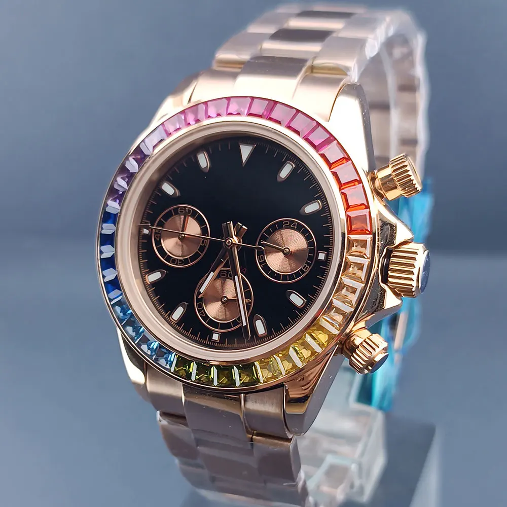 39.5mm VK63 movement watch case 316L stainless steel sapphire glass rose rainbow bezel vk63 timing code watch