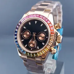 39.5mm VK63 movement watch case 316L stainless steel sapphire glass rose rainbow bezel vk63 timing code watch