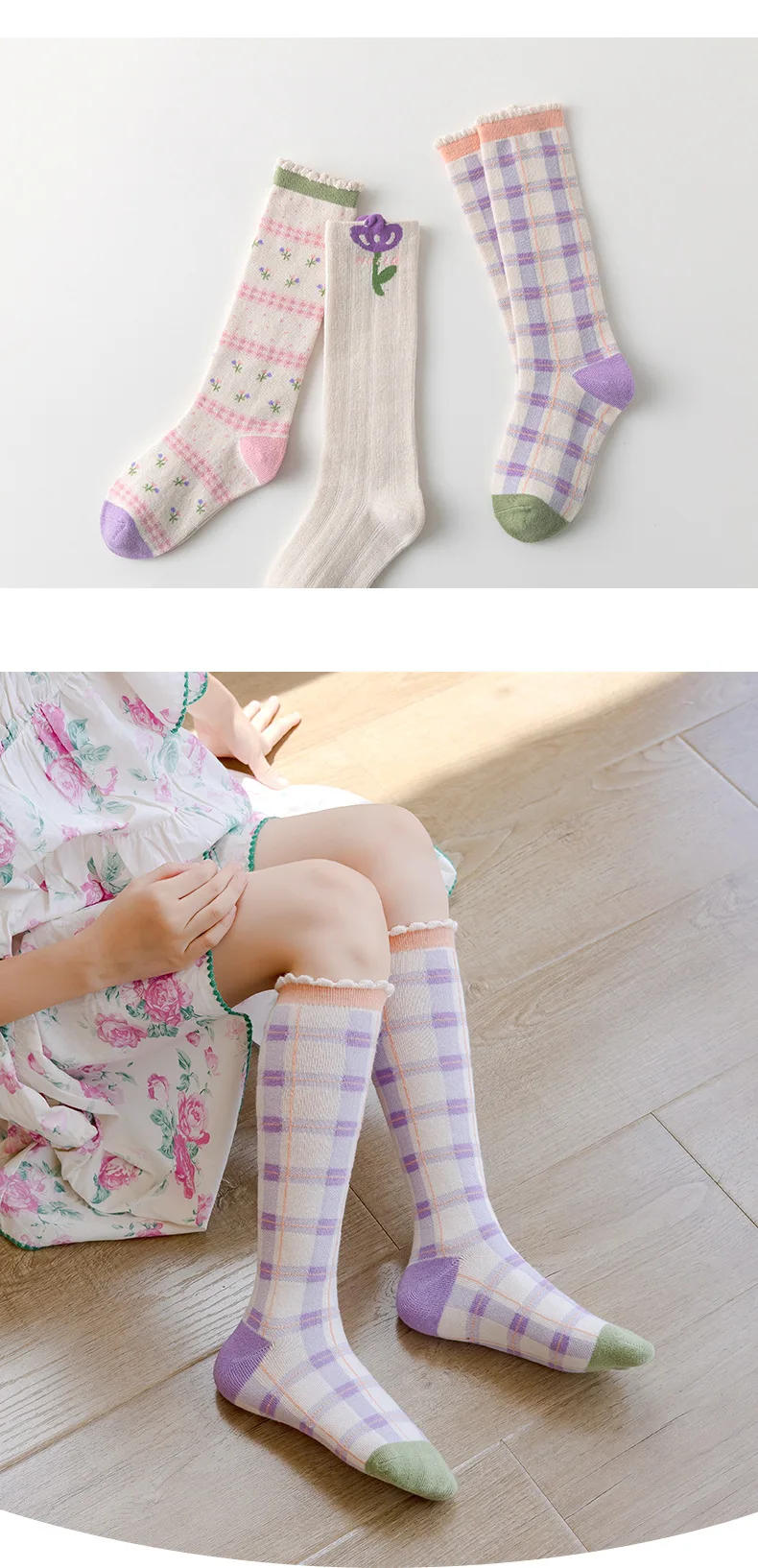 3 Paar lange Babysocken für Mädchen, Blumensocken, Frühling und Herbst, Mädchensocken, Kinder-Baumwollsocken für 1–12 Jahre – Detail 7