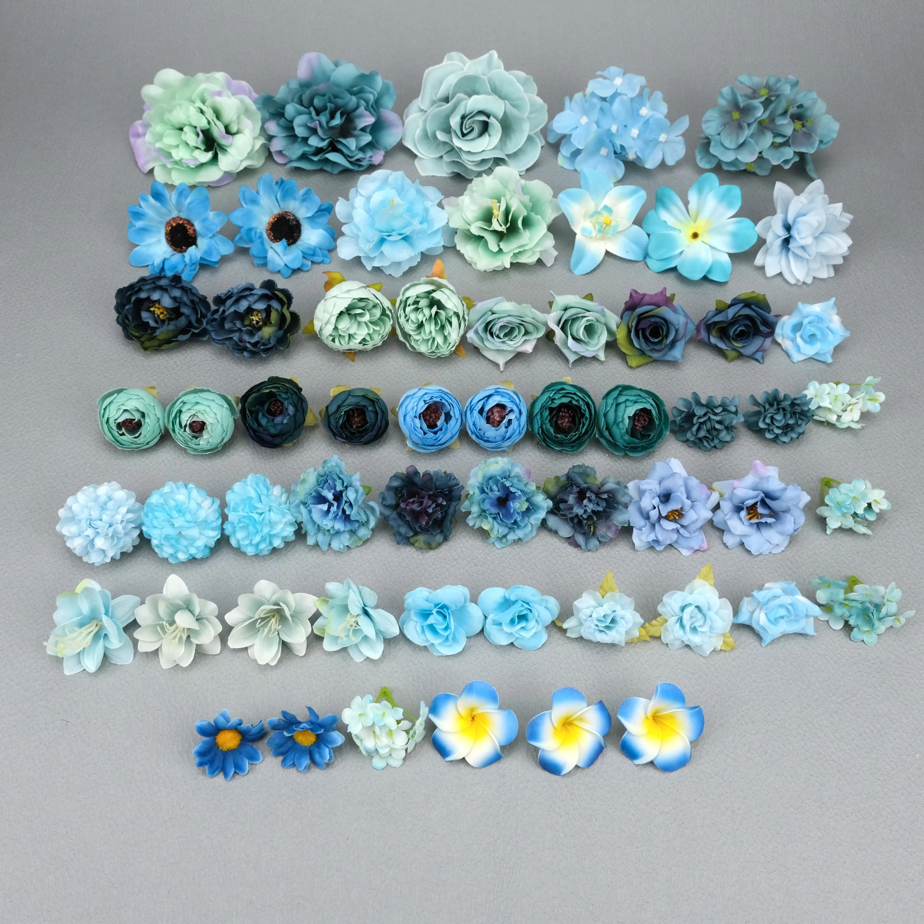 58Pcs Blue Artificial Silk Flower Heads Combo Set For DIY Craft Gift Box Garland Flower Wall Ornament Decor Fake Rose Frangipani