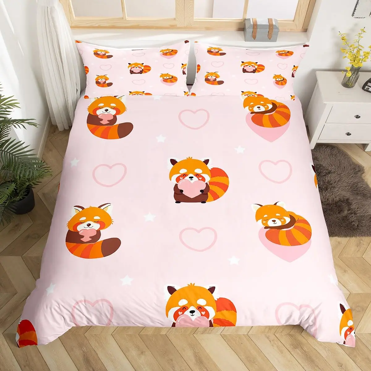 Cute Red Panda Duvet Cover King Size,Pink Love Stars Bedding Set Kawaii Cartoon Animals Comforter Cover Girly Sweet Quilt Cover