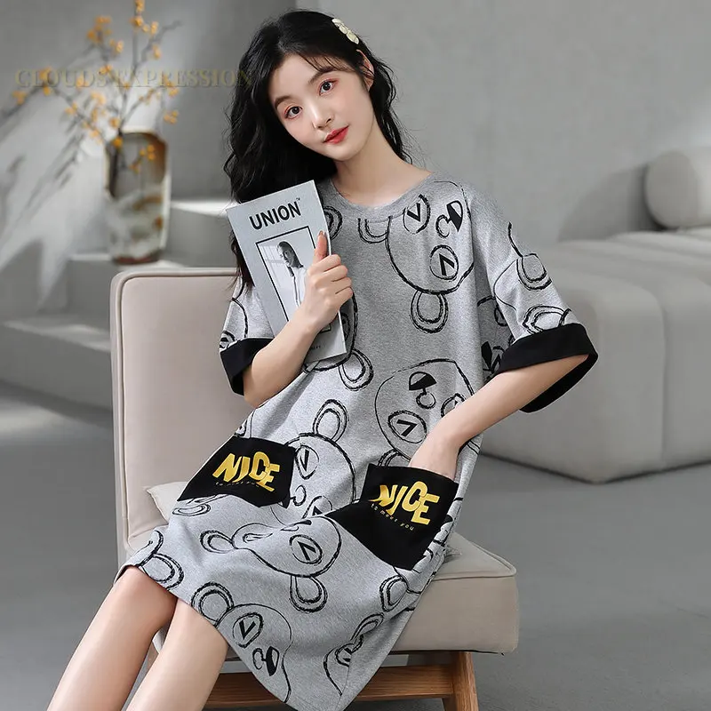 Summer Cartoon Printing Knitted Kawaii Girls Sleep Dress Womens Nightgowns Nighttie Pink Sleepshirts Ladies Dresses Home Fashion