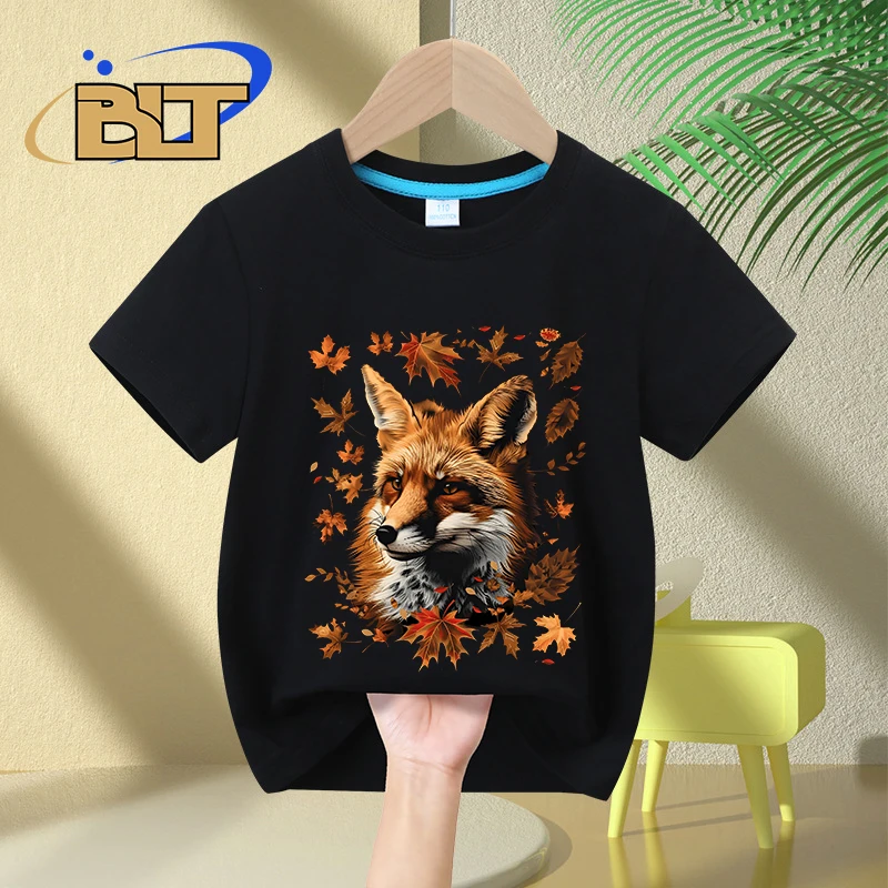 Maple leaf fox print kids T-shirt for summer only pure cotton short-sleeved casual tops boys and girls gifts